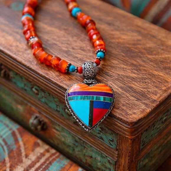 Vintage Jewelry - Native American Sterling Inlay Heart Necklace – Kingman Turquoise, Spiny Oyster